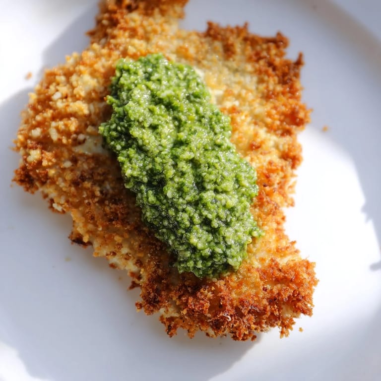 A close-up view of Crispy Pesto Chicken Cutlets reveals the crunchy Parmesan breadcrumbs and juicy interior, ready for a weeknight dinner.