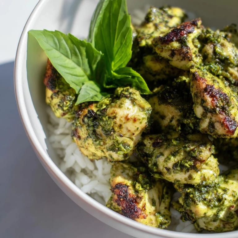 A close-up of the Chicken Pesto Rice Bowl highlights the bright green pesto and fresh basil garnish.