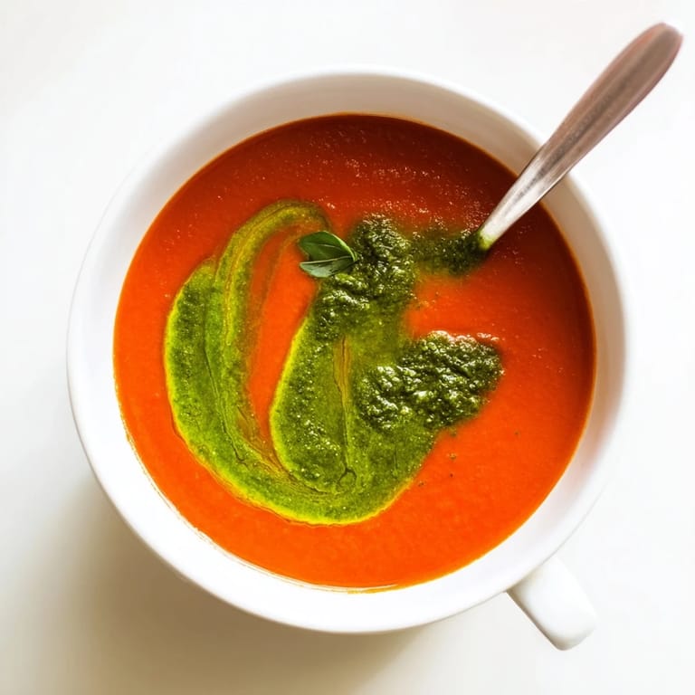 Vibrant Tomato Soup with Basil Pesto Swirl in a rustic bowl, ready to enjoy.