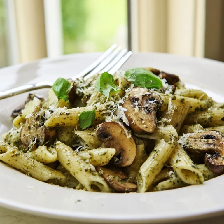 Garlic mushroom pesto pasta served hot, garnished with grated Parmesan and basil.