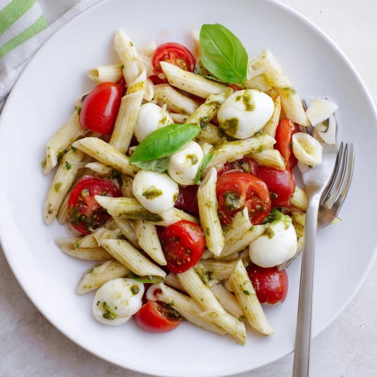 A close-up of fresh Caprese Salad Pasta with torn basil and a glossy drizzle of olive oil.