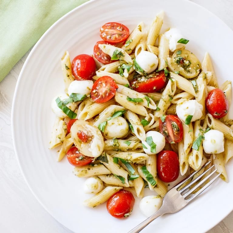 Serve this chilled Caprese Salad Pasta as a vibrant main dish or picnic-ready side, glistening with balsamic glaze.