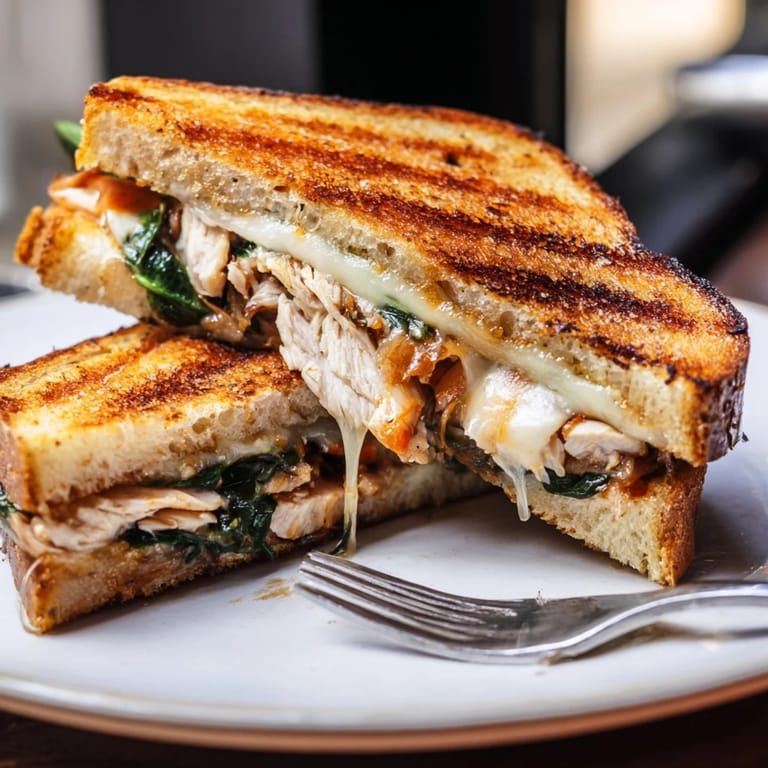 Sliced Grilled Chicken Spinach Panini on rustic bread revealing layers of tender chicken and gooey cheese.  