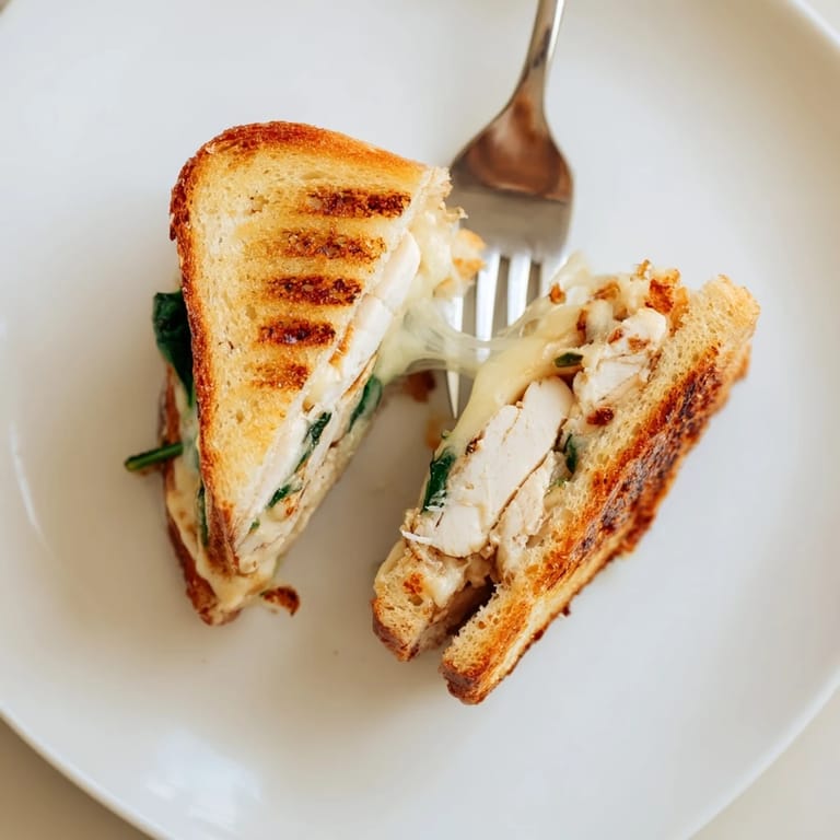Close-up of a pressed Grilled Chicken Spinach Panini with crusty Italian bread and spinach peeking out.