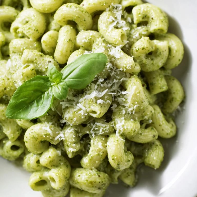 A close-up of creamy avocado pesto mac served in a white bowl, garnished with fresh basil leaves and grated Parmesan.  