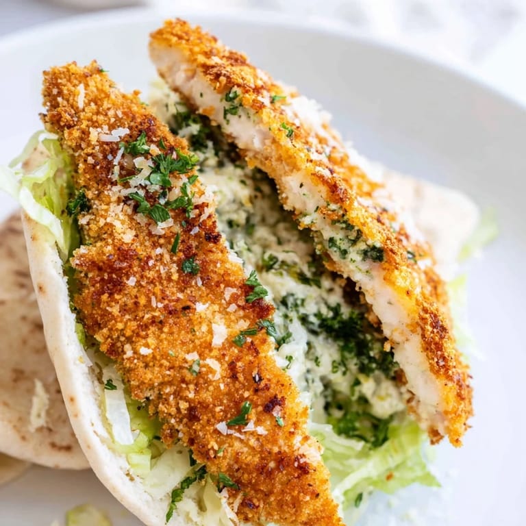 Crispy herbed chicken Caesar pitas, with crunchy panko crust, fresh romaine, and shaved Parmesan tucked inside.
