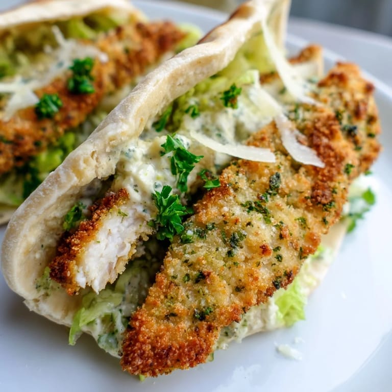 Golden-brown herbed chicken Caesar pitas served with lemon wedges, ripe cherry tomatoes, and a drizzle of Caesar dressing.