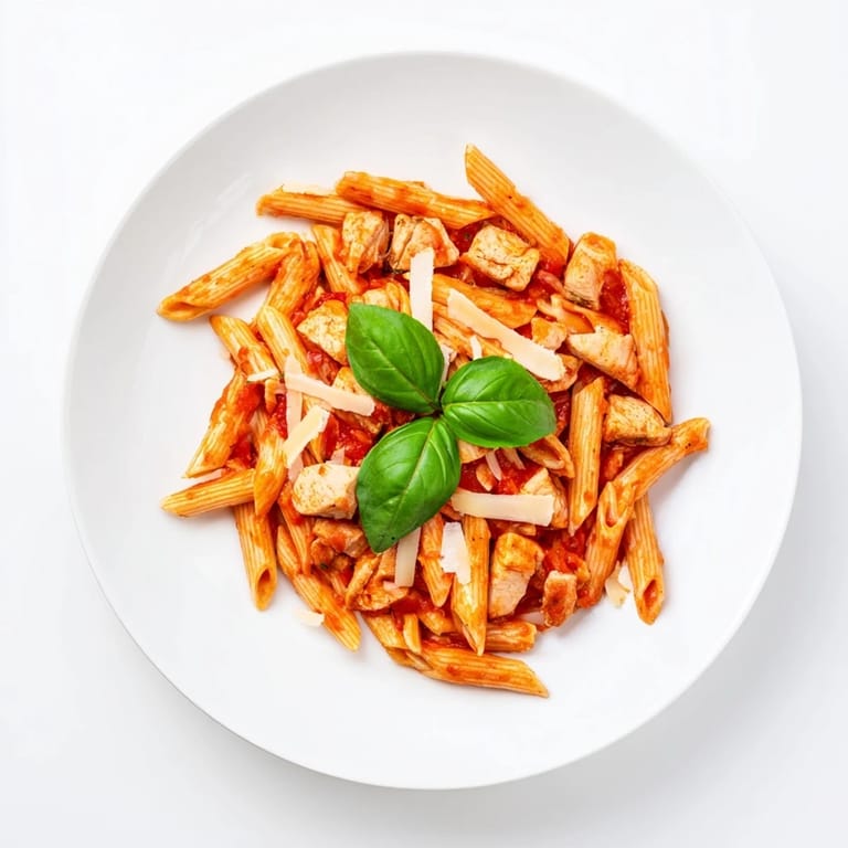 A close-up of freshly grated Parmesan melting into a warm bowl of Tomato Basil Chicken Pasta, garnished with basil.