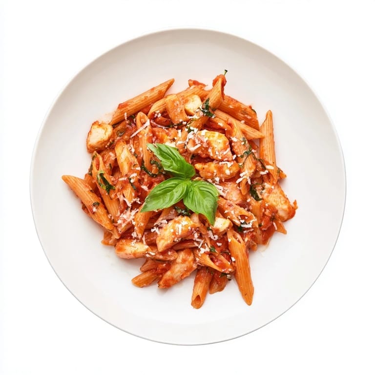 Perfectly plated Tomato Basil Chicken Pasta beside a glass of Pinot Grigio, ready for a quick and flavorful meal.