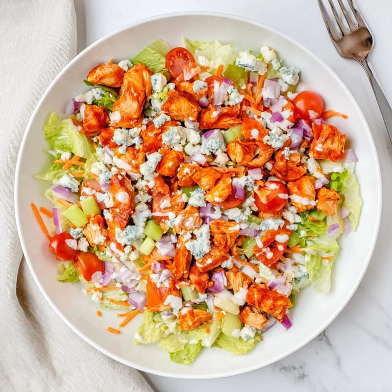 Rustic wooden table setting for Buffalo Chicken Chopped Salad with ranch dressing drizzled over colorful vegetables and creamy cheese.