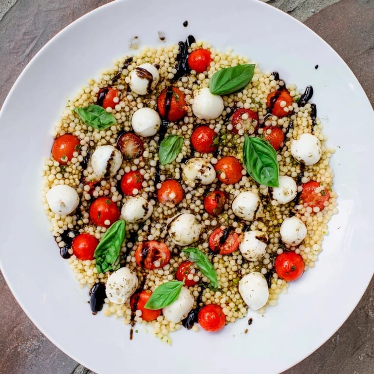 A close-up of Caprese Couscous Salad shows juicy tomato halves, pearl-like couscous, and torn basil leaves glistening with balsamic drizzle.  