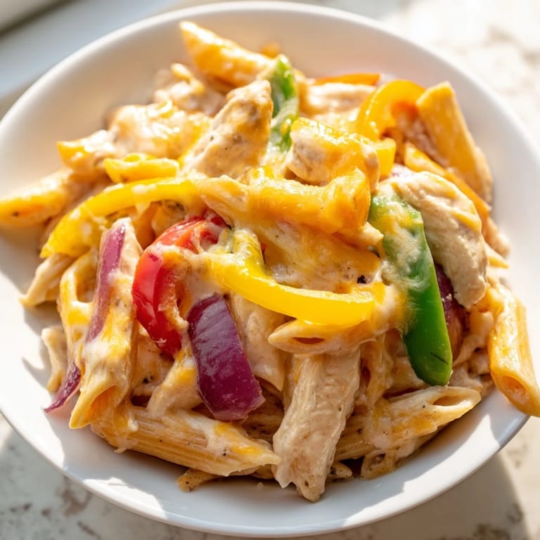 A hearty serving of Fajita Chicken Pasta Skillet garnished with fresh cilantro and lime wedges for a zesty finish.  