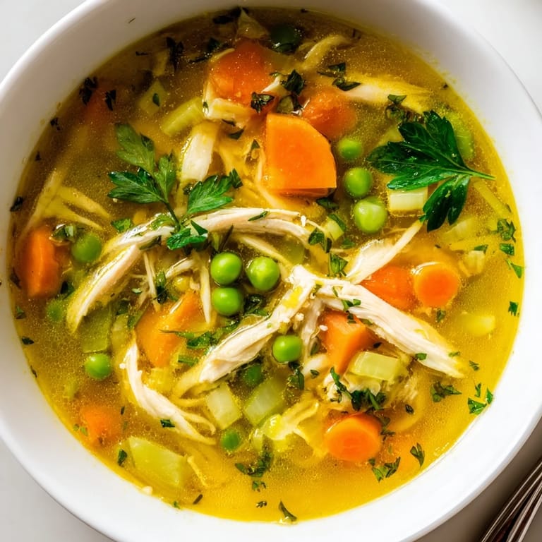 Serving suggestion for Spring Garden Chicken Soup, garnished with parsley and lemon wedges beside crusty bread.