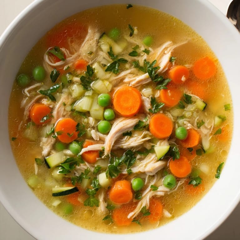 Spring Garden Chicken Soup simmering in a pot, featuring aromatic herbs and vibrant spring vegetables for a comforting meal.