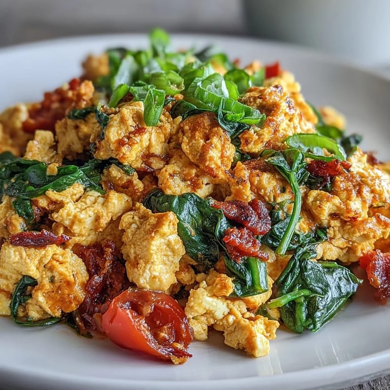 Flaky, colorful tofu scramble with spinach and tomatoes, ready for a quick breakfast.