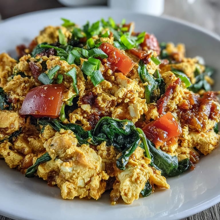 Hearty vegan tofu scramble, seasoned with turmeric and cumin, ideal for brunch.