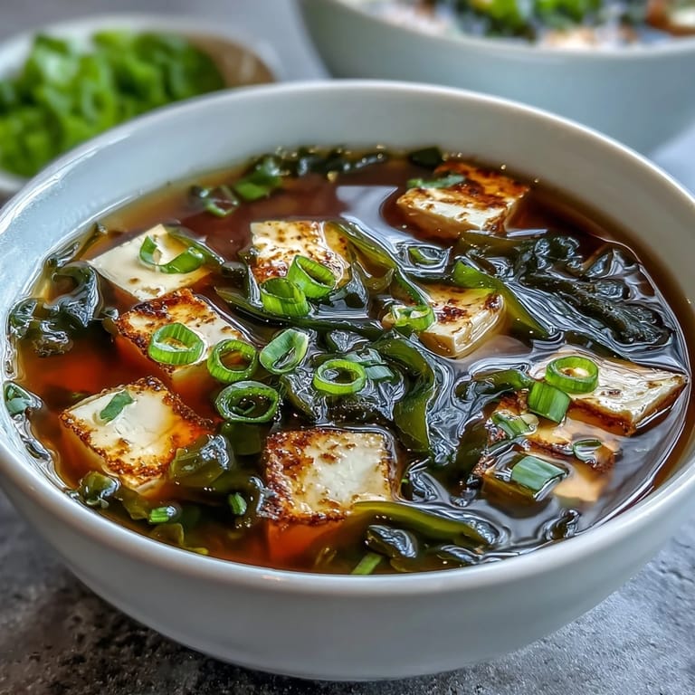 A close-up of miso soup with tofu highlights the delicate texture of silken tofu and rehydrated seaweed, served in a ceramic bowl as a light, healthy meal.