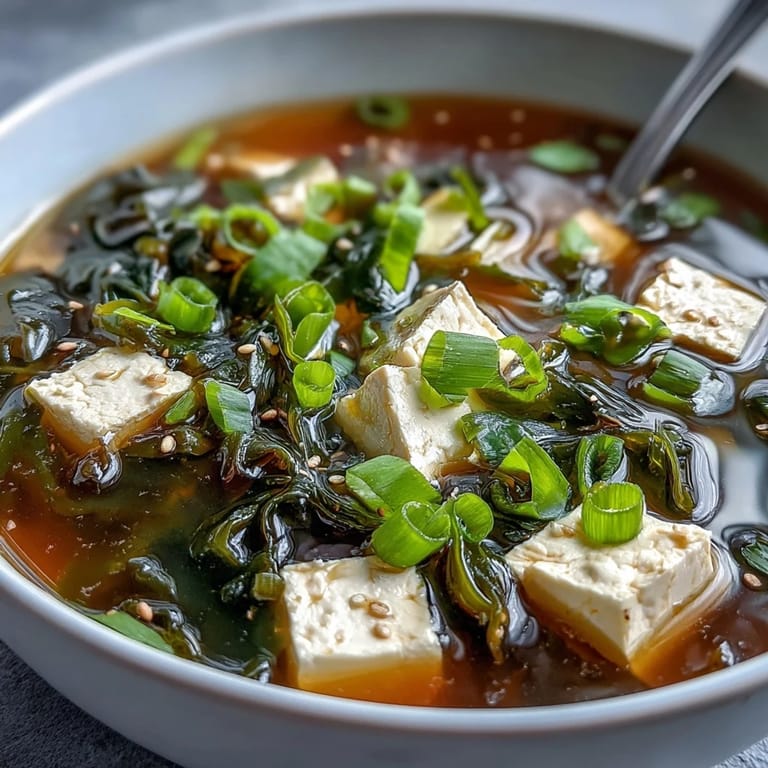 Steam rises from a savory bowl of miso soup with tofu, featuring vibrant green scallions and nutrient-rich seaweed, perfect as a vegetarian meal or appetizer.