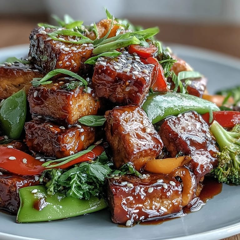 A healthy Vegetable Tempeh Stir-Fry glistening with savory sauce, ready to serve.