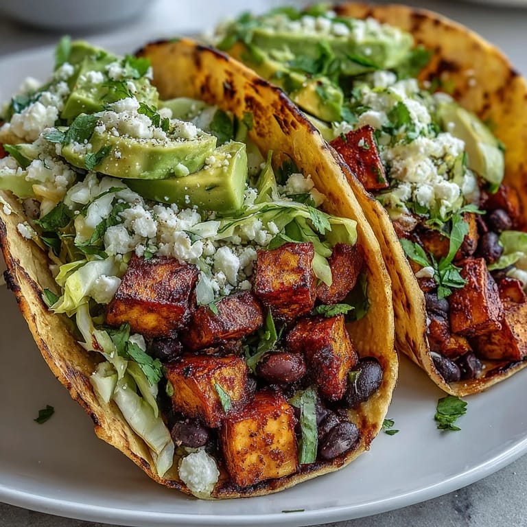 Delicious Black Bean and Sweet Potato Tacos pictured with lime wedges and fresh cilantro.
