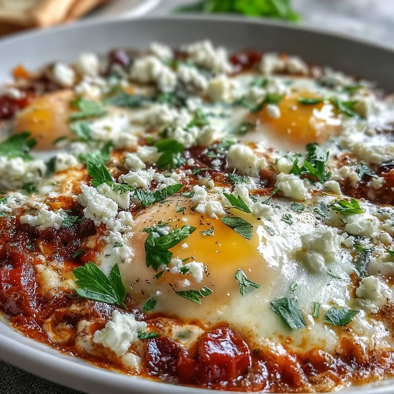 Comforting Shakshuka featuring bright red pepper sauce, runny egg yolks, and fresh herbs.
