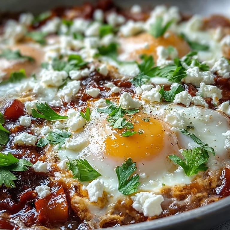 Savory Shakshuka, a hearty skillet breakfast of eggs nestled in spiced tomato goodness.