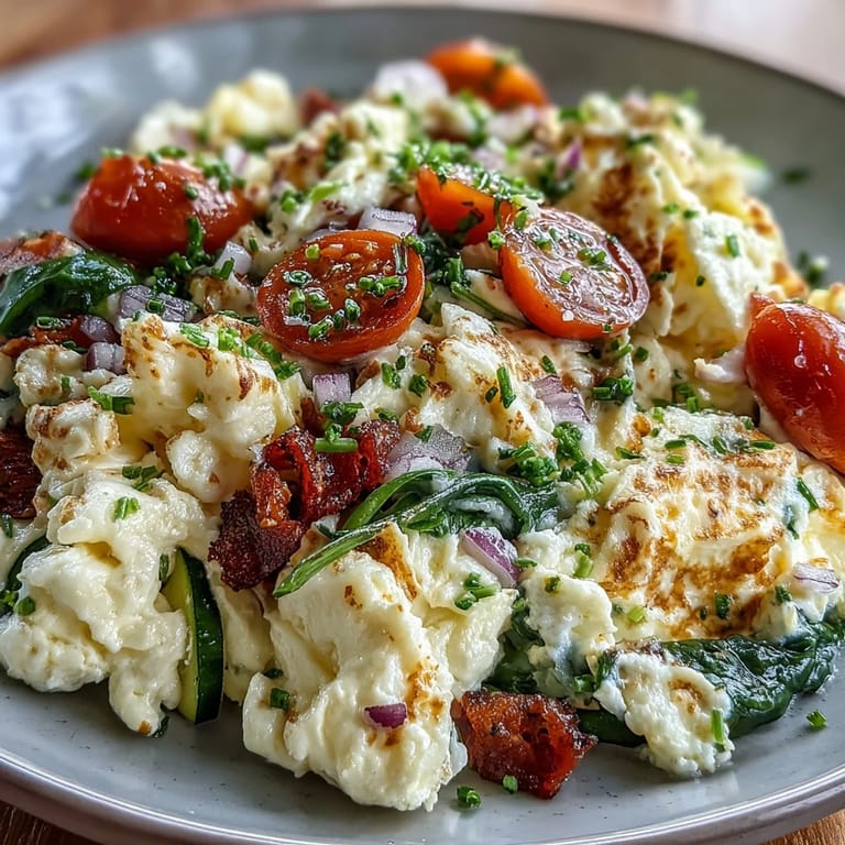 Savory scrambled eggs with fresh, crisp vegetables, a healthy morning meal served.