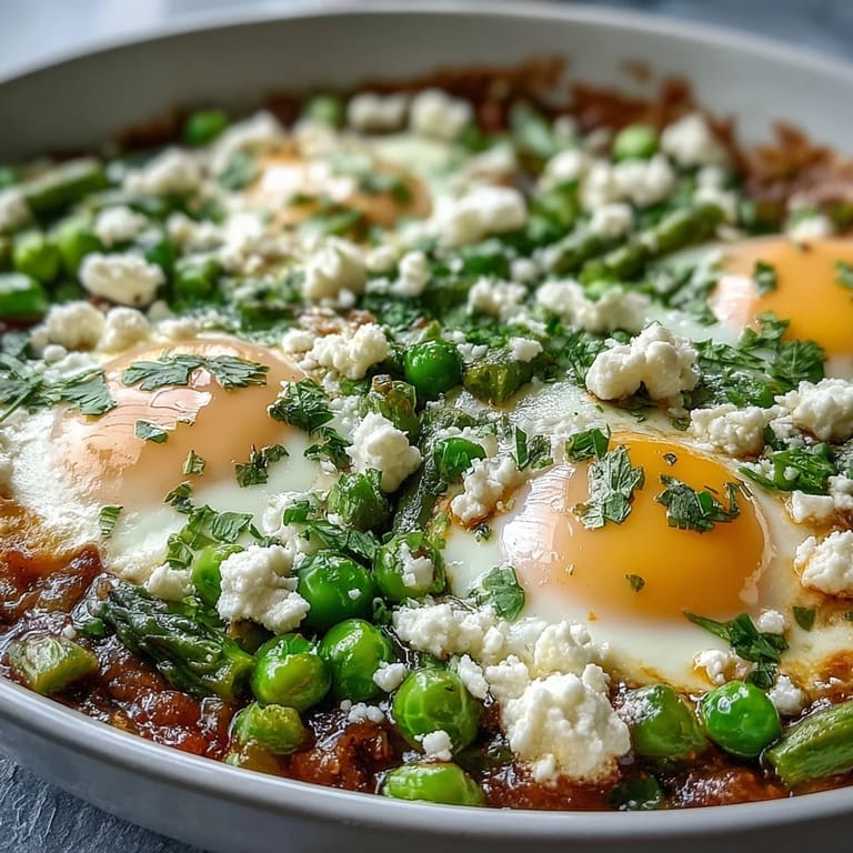 Vibrant Pea and Broad Bean Shakshuka served in a cast-iron pan, topped with crumbled feta and fresh parsley leaves.