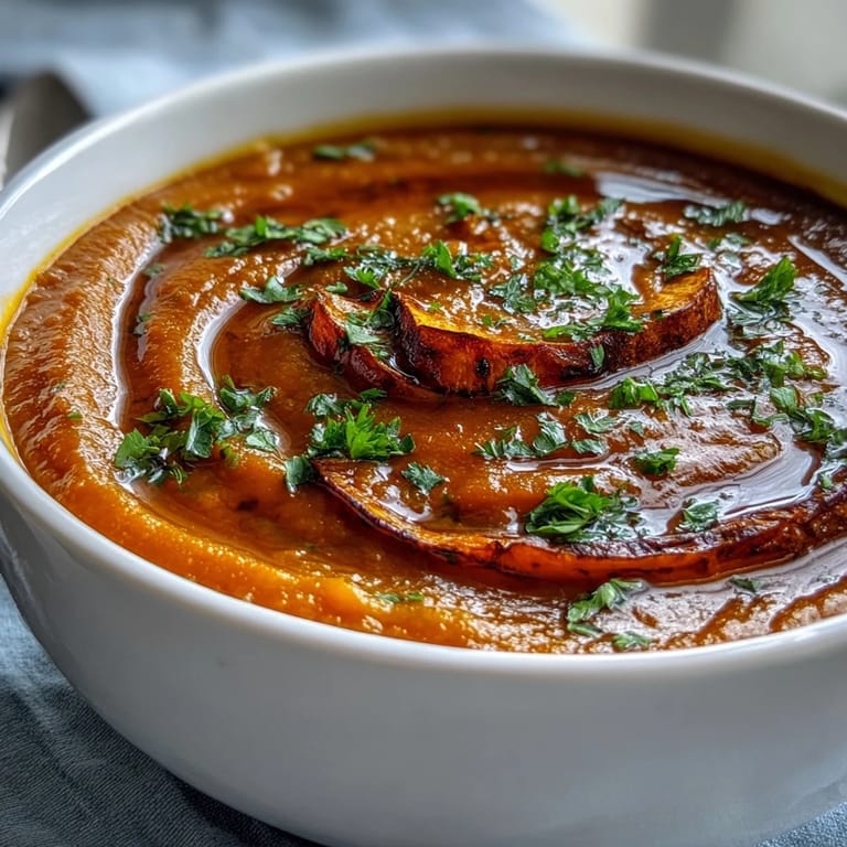 Creamy roasted vegetable soup made from oven caramelized carrots, sweet potato, and red pepper.