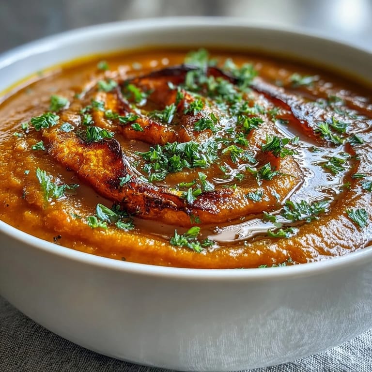 Hearty bowl of roasted vegetable soup served with a rustic spoon and toasted seeds.