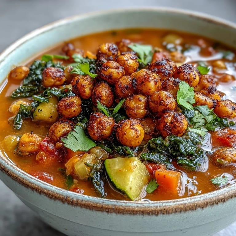 Spiced Chickpea and Vegetable Soup in a white bowl, accompanied by crusty bread for dipping on a cozy lunch table.