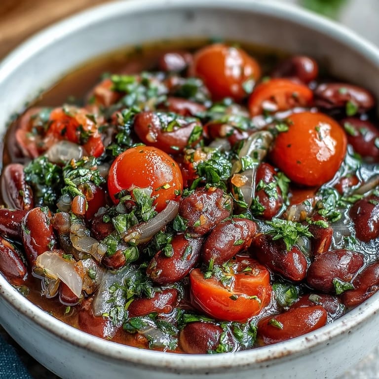 A hearty bowl of Three-Bean Salad Soup with a tangy vinaigrette broth, garnished with parsley and served alongside crusty bread for dipping.
