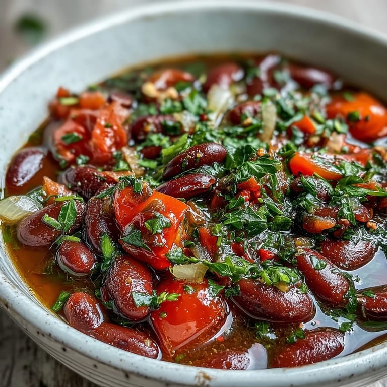 Steaming pot of Three-Bean Salad Soup simmering with red bell pepper, celery, and a blend of colorful beans for a nutritious family meal.