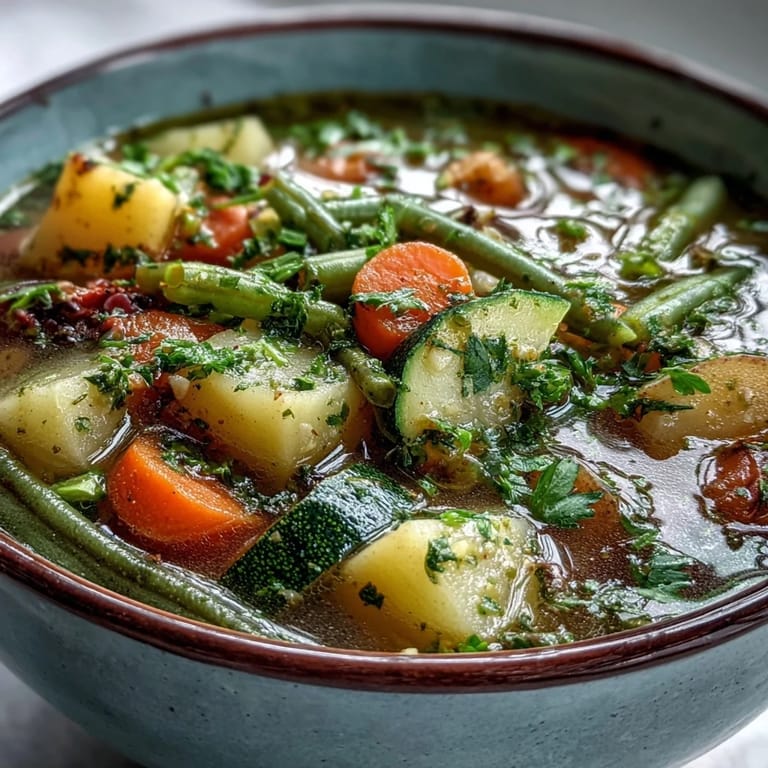 Hearty Potato and Vegetable Soup simmering with colorful carrots, peas, and tender potatoes in a rustic bowl.