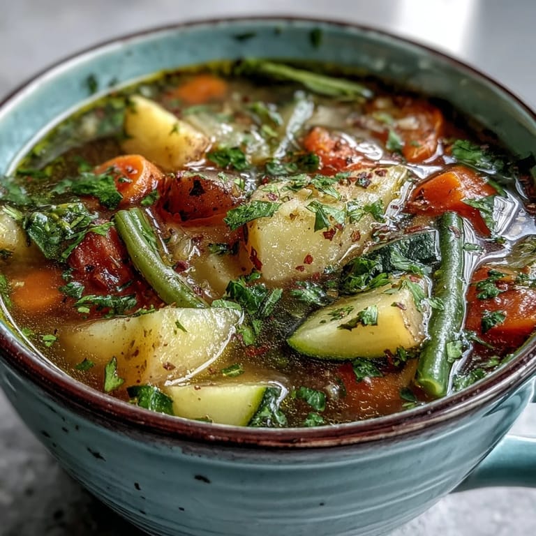 Close-up of nourishing Potato and Vegetable Soup featuring zucchini and green beans, ready to serve hot.