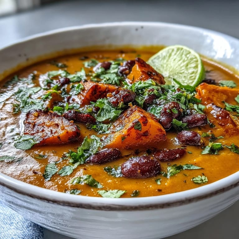 Hearty Sweet Potato and Black Bean Soup served with lime wedges and tortilla chips on a wooden table.