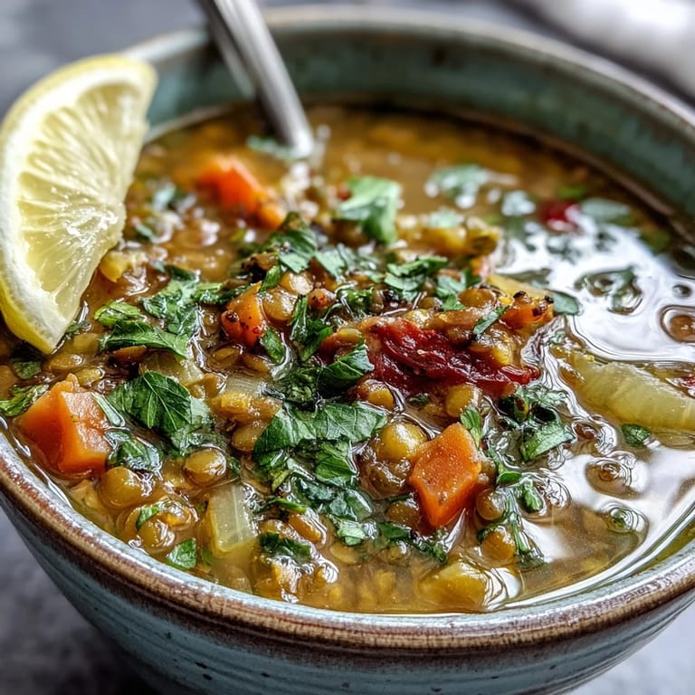 Healthy vegan mung bean soup simmered with carrots, celery, and warming spices in a rustic pot.