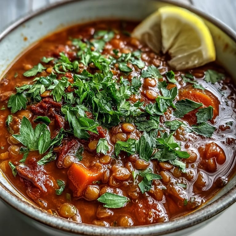 Bowl of homemade Tomato Lentil Soup topped with fresh parsley, served alongside crusty bread for dipping.