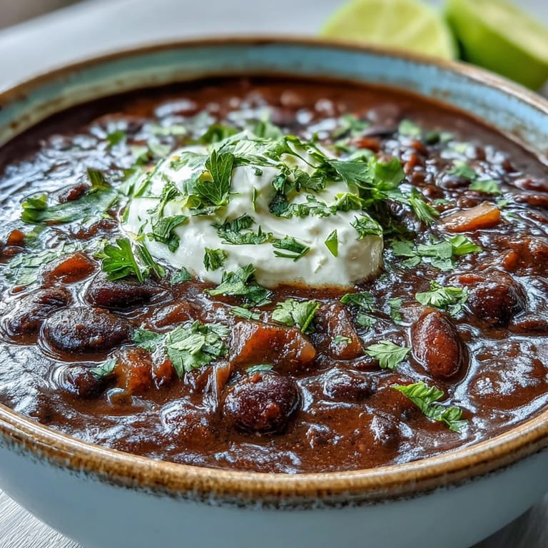 Close-up of rich Black Bean Soup in a rustic bowl, steam rising from the hearty texture.
