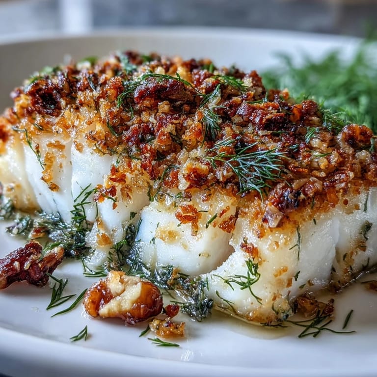 Golden baked halibut fillets with aromatic fennel and crunchy citrusy pangrattato topping ready to serve.