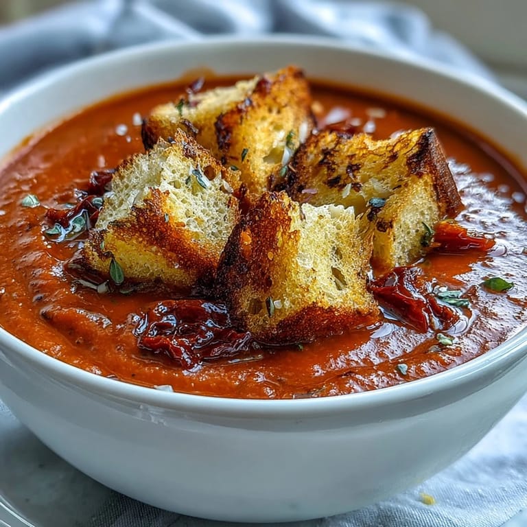 Top-down view of Roasted Red Pepper Soup, featuring a swirl of cream and herb-topped croutons for a fresh Mediterranean finish.