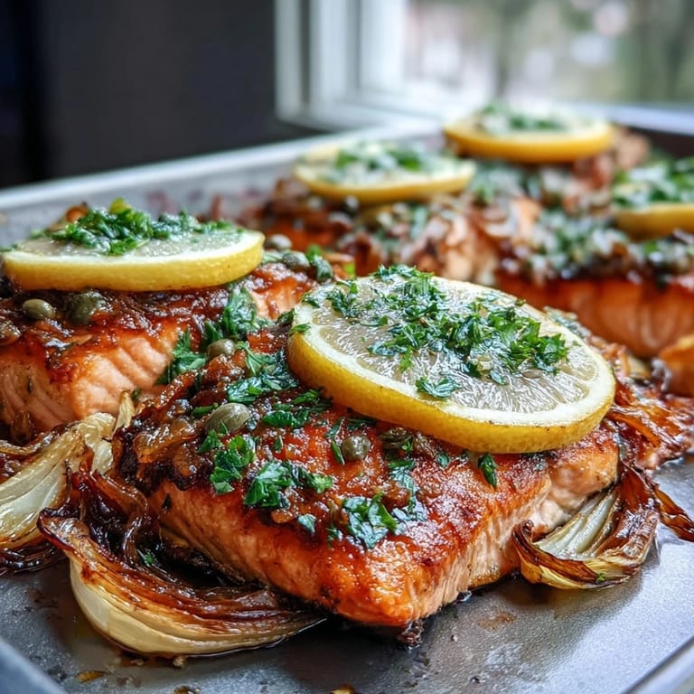Healthy One-Pan Roast Salmon With Leeks, Onions, and Parsley Dressing served with roasted potatoes and lemon wedges.