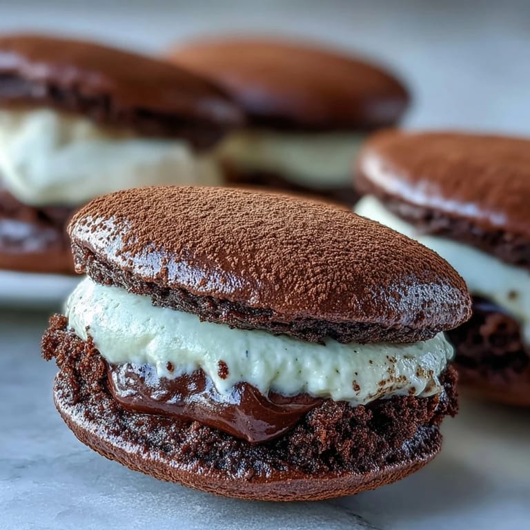 Freshly baked Tiramisu Whoopie Pies filled with creamy espresso mascarpone, ready to serve after dinner with coffee.