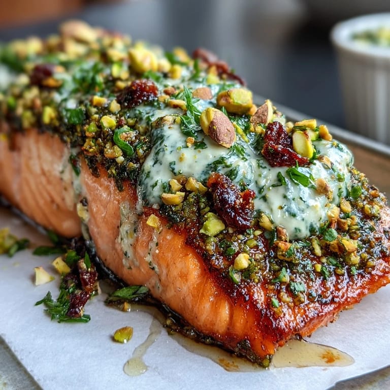 Crusted Confit Salmon With Tahini, Pistachio and Herb Crust flaking tenderly, drizzled with olive oil on a rustic plate.