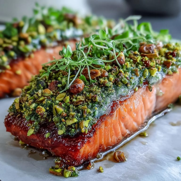 Golden-baked Confit Salmon With Tahini, Pistachio and Herb Crust with a vibrant green herb garnish, paired with lemon wedges.