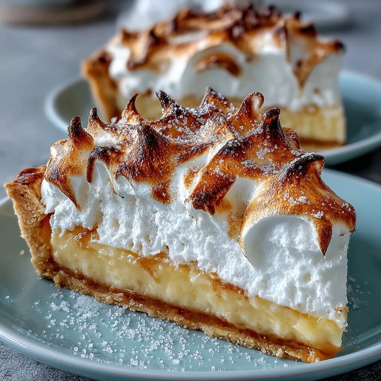 Homemade Lemon Meringue Pie served with a dollop of whipped cream and fresh lemon slices.