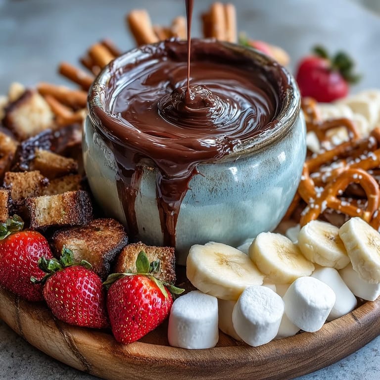 Warm Boozy Chocolate Fondue bubbling in a fondue pot with assorted fruits.