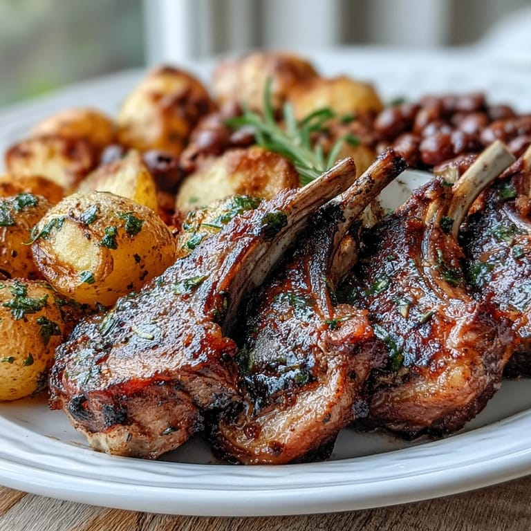 Serving suggestion for One-Pan Roast Rack of Lamb and Green Olive Potatoes plated with a garnish of fresh parsley and lemon zest for a bright Mediterranean flavor.