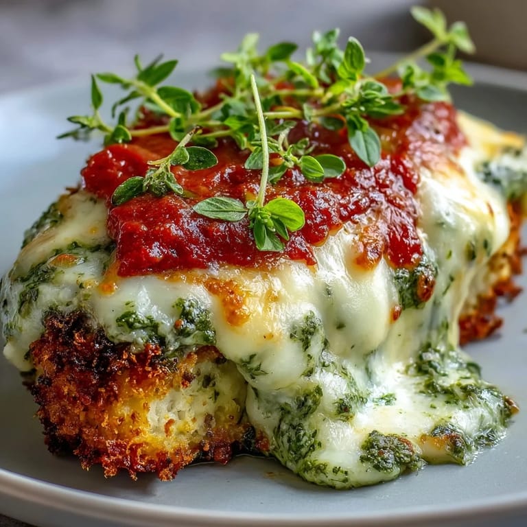 A close-up of Pesto Chicken Parmesan baking dish with bubbling cheese, fresh basil garnish, and golden crust.