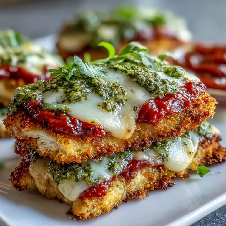 Sliced Pesto Chicken Parmesan on a plate with pasta and garlic bread, perfect for a weeknight dinner.